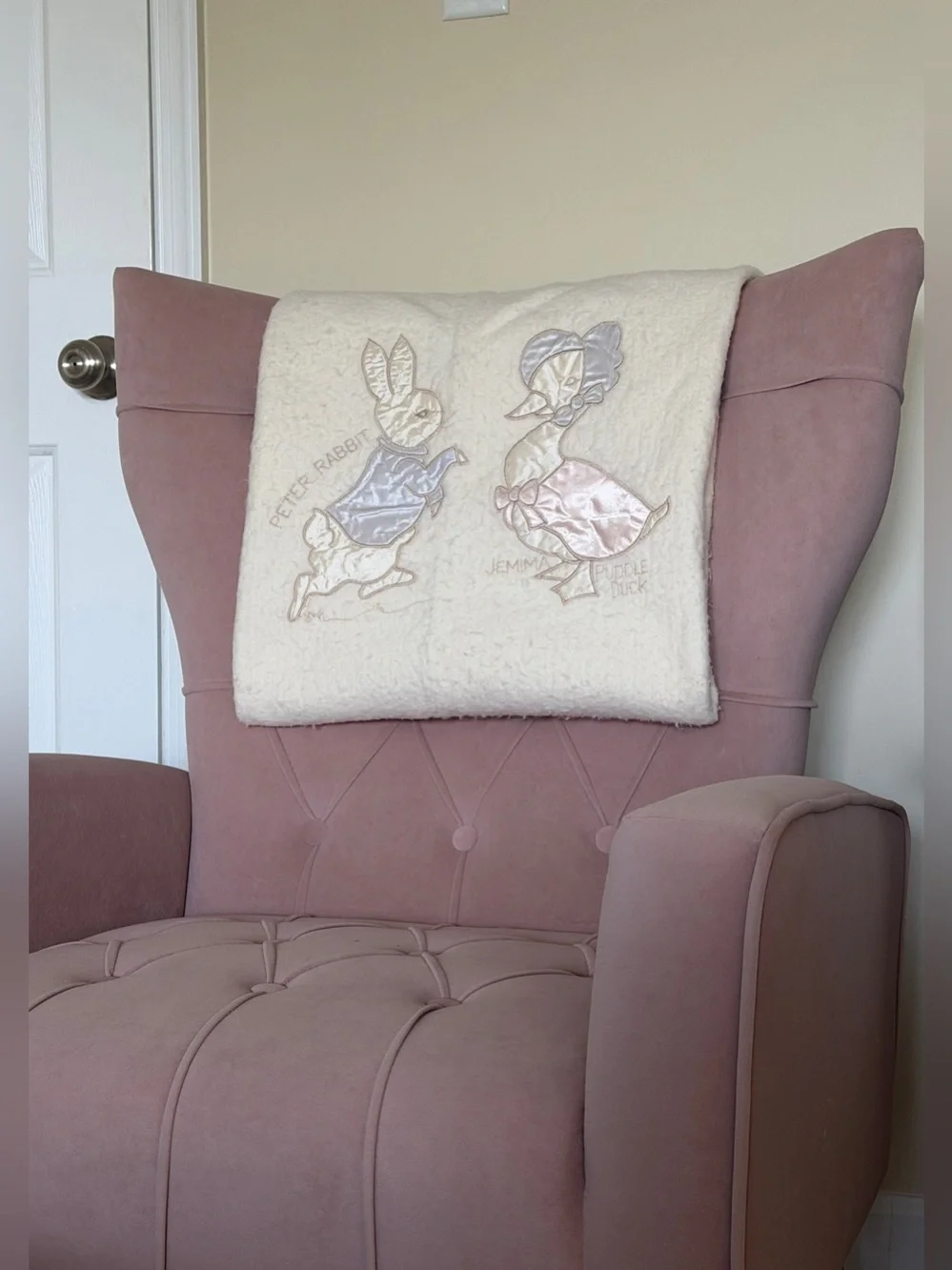 Vintage Quiltex Beatrix Potter Peter Rabbit Embroidered Satin Edge Baby Blanket
